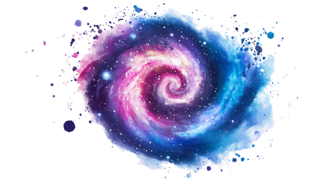 Watercolor Cosmic spiral galaxy with shining core isolated on white or transparent background
