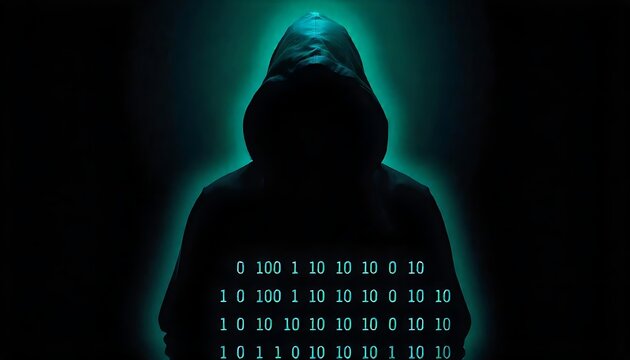 a mysterious figure wearing a hooded jacket, resembling the classic hacker stereotype, Faceless unrecognizable man without identity, Hacker on network background, created with generative ai