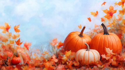 Naklejka premium Autumn pumpkins with colorful leaves create warm atmosphere