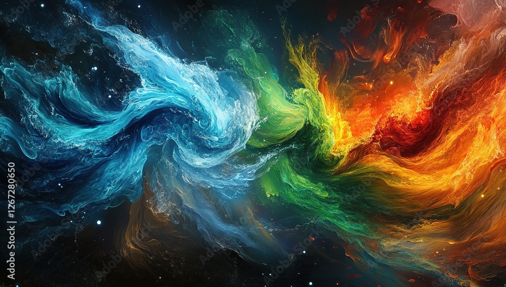 Poster abstract cosmic swirls: vibrant colors dance across the nebula, creating a surreal and mesmerizing c