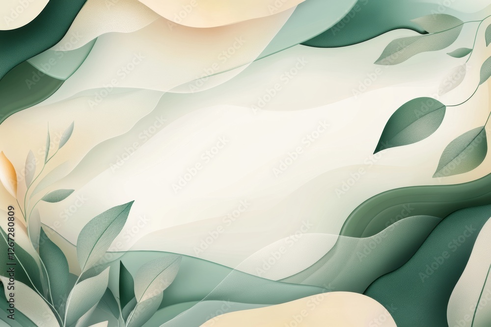 Poster abstract design with flowing shapes and green leaves in a serene color palette creating a calm atmos