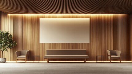 A professional wooden office waiting area with soft lighting, sleek seating, and a blank wall for a business logo