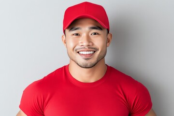 Fototapeta premium Friendly delivery worker in red uniform and cap smiling confidently professional and approachable service oriented expression in modern portrait photography with neutral background