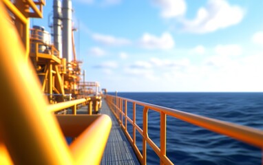 Vibrant offshore oil rig platform extending over the calm blue ocean under a clear sky