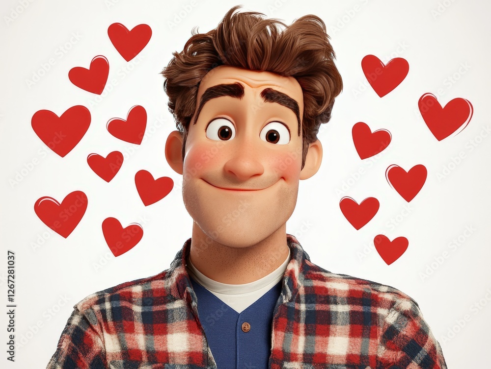 Poster animated smiling man with cartoonish charm surrounded by floating red hearts joyful and whimsical ex