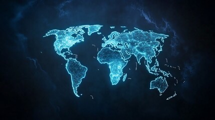 Futuristic digital world map glowing against a dark background