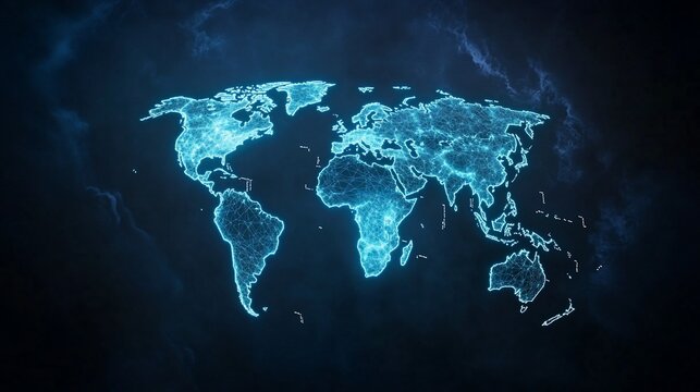 Futuristic digital world map glowing against a dark background