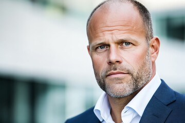 Fototapeta premium Serious bald businessman in navy suit standing in corporate environment intense gaze professional determination and leadership presence in industry