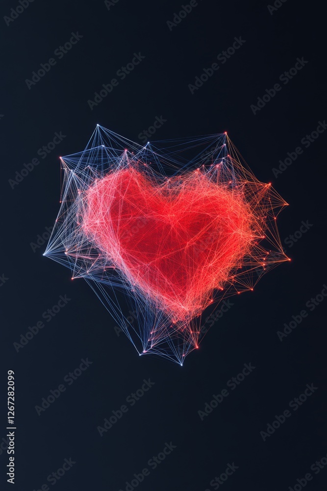 Poster digital heart made of glowing particles and neural connections futuristic love technology driven emo