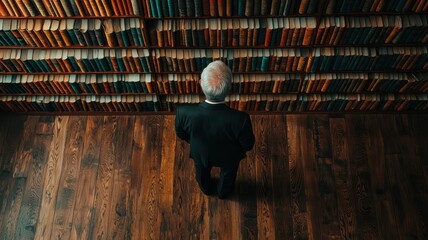 Mature Man in Suit Admiring Extensive Book Collection in a Library High Angle View