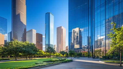 Obraz premium Modern Cityscape Skyline Stunning Architecture Vibrant Green Urban Park Peaceful Oasis Tranquil Setting Beautiful Buildings Glass Facades Summer Day 