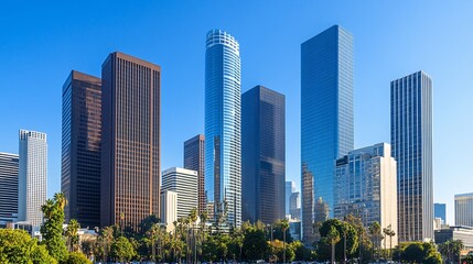 Obraz premium Stunning Modern Cityscape Skyline Panoramic View Beautiful Architecture Highrise Buildings Urban Downtown District Amazing Blue Sky Bright Sunny Day 