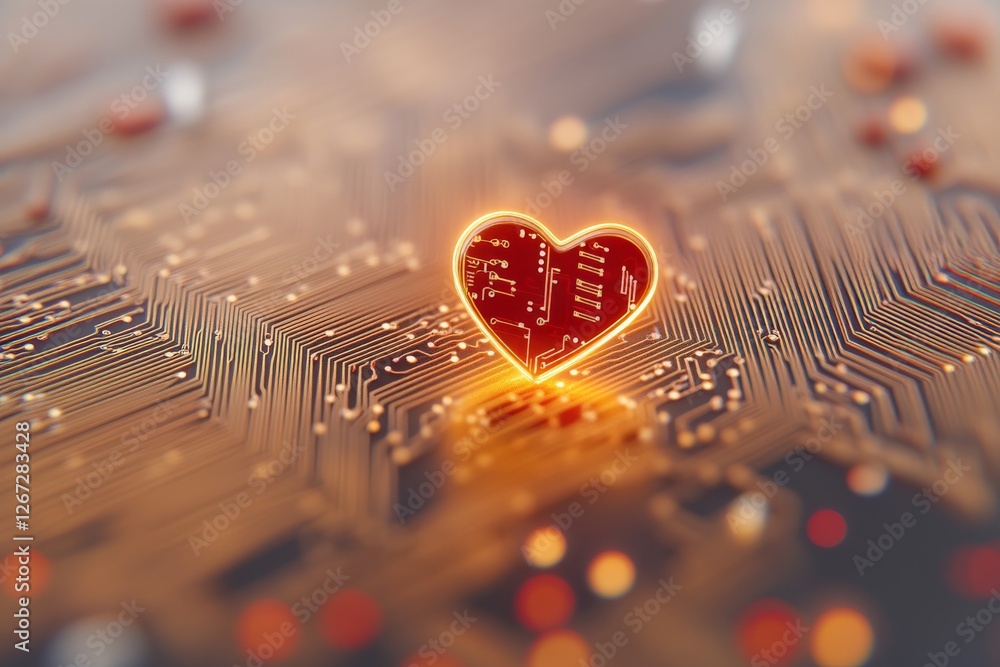 Poster futuristic heart shaped microchip on glowing circuit board symbolizing artificial intelligence love 