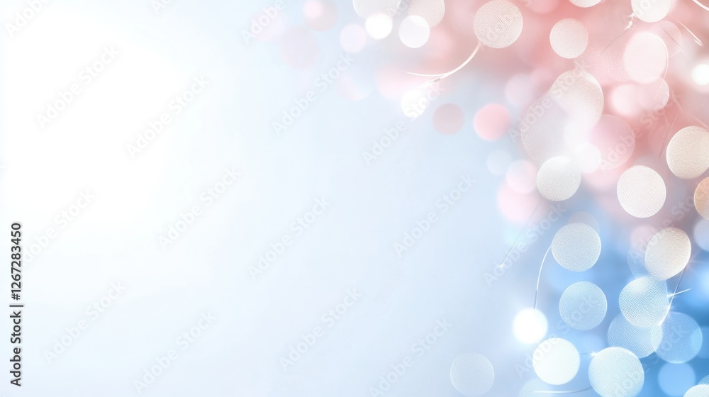 Poster abstract bokeh lights in red, white, and blue hues, creating a festive and dreamy background with a 