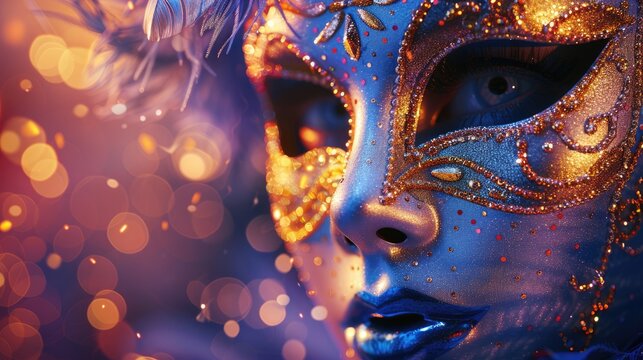 Festive spectacle: Mardi Gras shines with vibrant energy, featuring an ornate mask, dazzling carnival atmosphere, rich traditions, capturing essence of celebration, mystery, cultural heritage.
