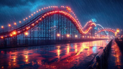 Obraz premium Rainy night, illuminated roller coaster on boardwalk, city lights reflecting on wet road, amusement park scene, ideal for travel or entertainment websites