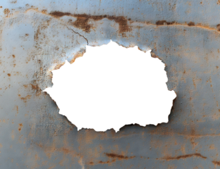 Rusty metal sheet with large hole, isolated on transparent cutout background