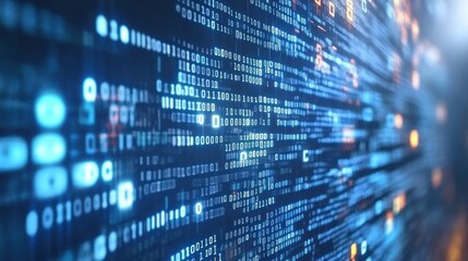 Digital code stream, data flow, futuristic technology, background glow, website header