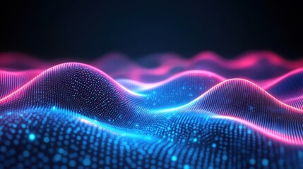 Fototapeta premium Abstract digital wave, glowing particles, dark background, technology concept, website banner