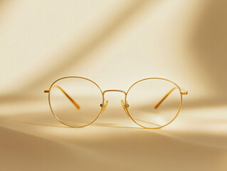 Minimalist round glasses on a neutral background, elegant optical glasses with a thin metal frame, stylish vintage glasses for fashion and branding