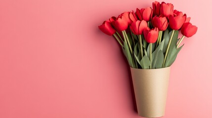 Elegant bouquet of red tulips in a beige paper wrap against a pastel pink background representing floral beauty romance and minimalistic gift aesthetics