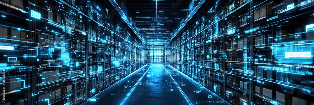 Poster exploring the digital data highway: a journey into the heart of modern data centers, illuminating te