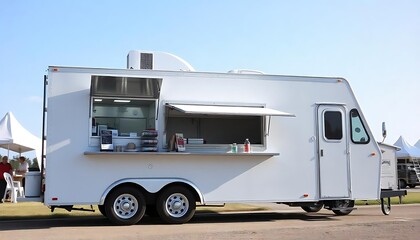 white food truck trailer with a large window and serving counter on the side, parked outdoors created with generative ai