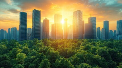 Obraz premium City skyline sunset, urban green space, environmental harmony, sustainable development, stock photo