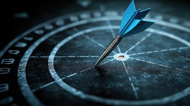 Blue dart hits bullseye on dark dartboard; success concept