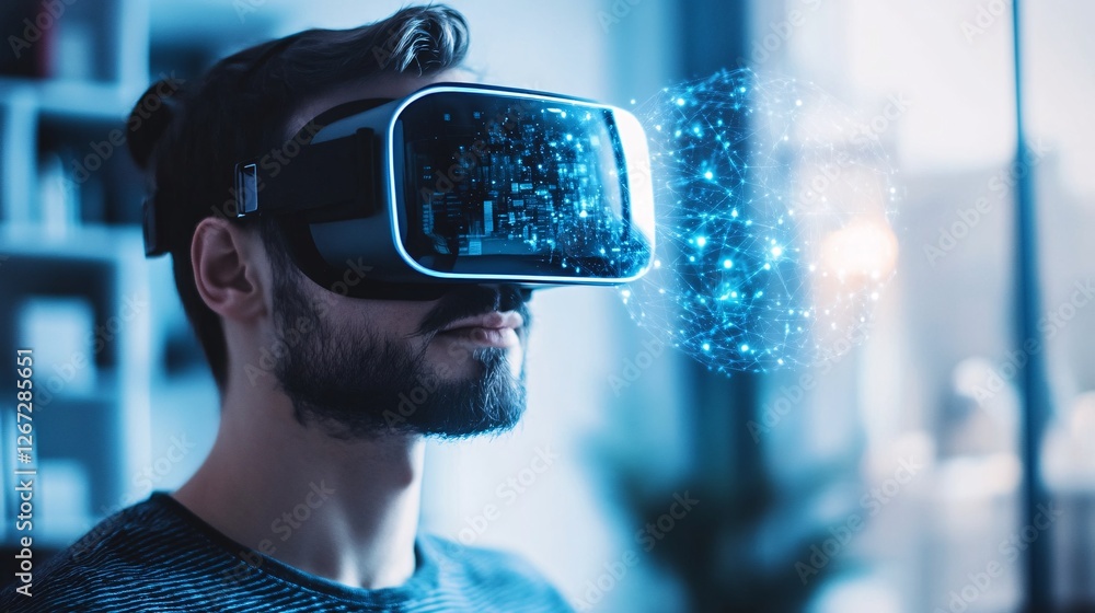 Poster man using modern virtual reality headset exploring digital network sphere futuristic technology meta