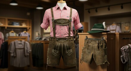 Traditional german lederhosen display with bavarian hat in clothing store