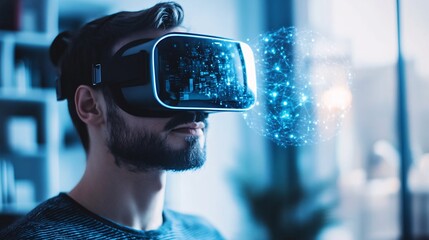Man Using Modern Virtual Reality Headset Exploring Digital Network Sphere Futuristic Technology Metaverse Experience Immersive Innovation Advanced    