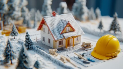 Naklejka premium Winter House Model with Construction Tools and Hard Hat