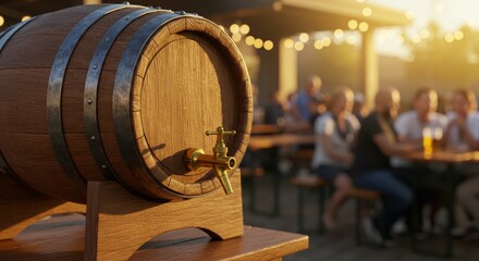 Wooden beer barrel in outdoor beer garden with people enjoying social gathering at sunset