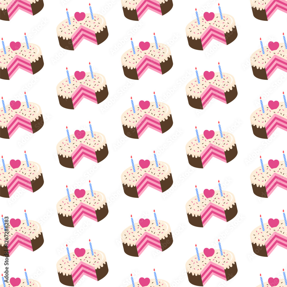 Sticker cake with heart and candles repeat pattern.birthday cake seamless pattern.vector graphic illustratio