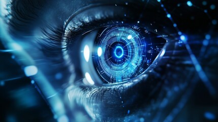 An image of human eye with futuristic background. Futuristic android control human cyborg. Robot is security technology that can be used to create a network of dnas. A lifestyle representation of a.