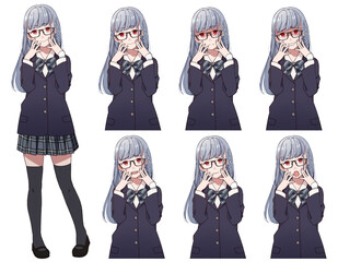 アニメ風ヤンデレの女の子の全身立ち絵と上半身表情差分
