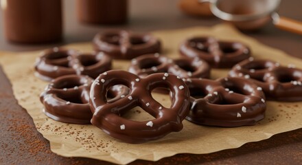 Delicious chocolate-covered pretzels with sea salt on parchment paper