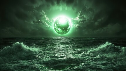 Fototapeta premium A spacecraft entering the orbit of an uncharted planet with glowing green oceans