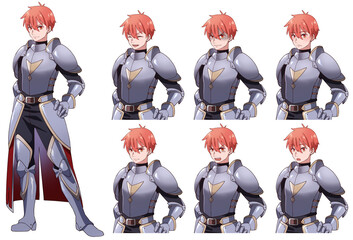 アニメ風ファンタジー世界の青年騎士全身立ち絵と上半身表情差分
