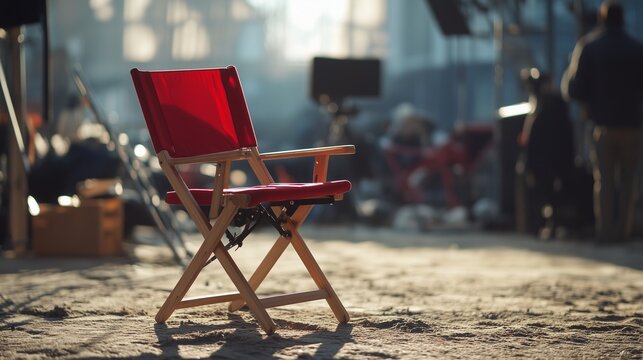 Red chair in front of camera. Director of the office chair. A set of a film. A crimson chair positioned before lifestyle a camera.