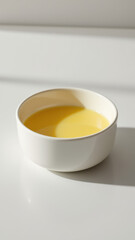 A small bowl filled with yellow liquid on a table.
