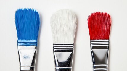 three paintbrushes with different colors - blue, white, and red. The background is a plain white surface. The image appears to be taken from a top-down perspective