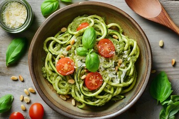 Delicious zucchini noodles with pesto, topped with fresh tomatoes and pine nuts, perfect for low-carb diet recipes. Concept features zucchini noodles with pesto in vibrant, healthy meal