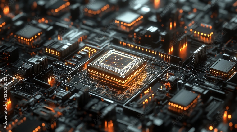 Poster abstract technology background digital circuit board glowing orange lines modern processor powerful 