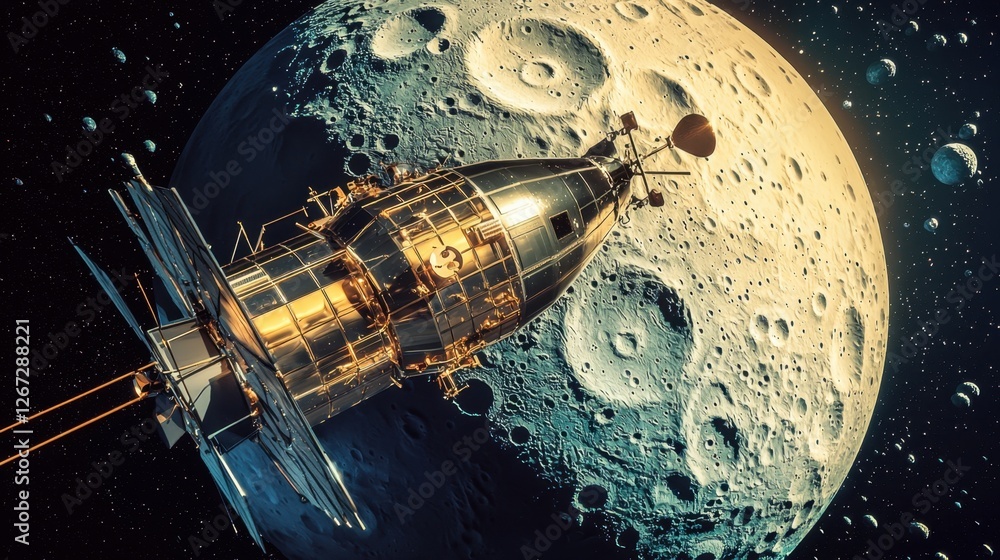 Poster a spaceship exploring a massive ice-covered moon in deep space.