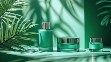 Fototapeta premium Green beauty products on green background, palm leaf shadows, skincare ad