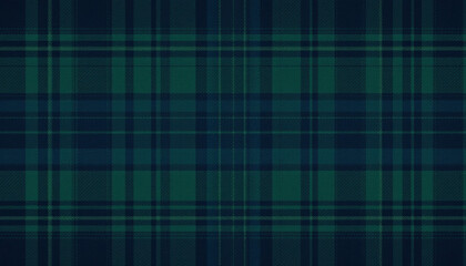 Textured plaid design with deep green and navy blue hues, thick and thin stripes in classic tartan style