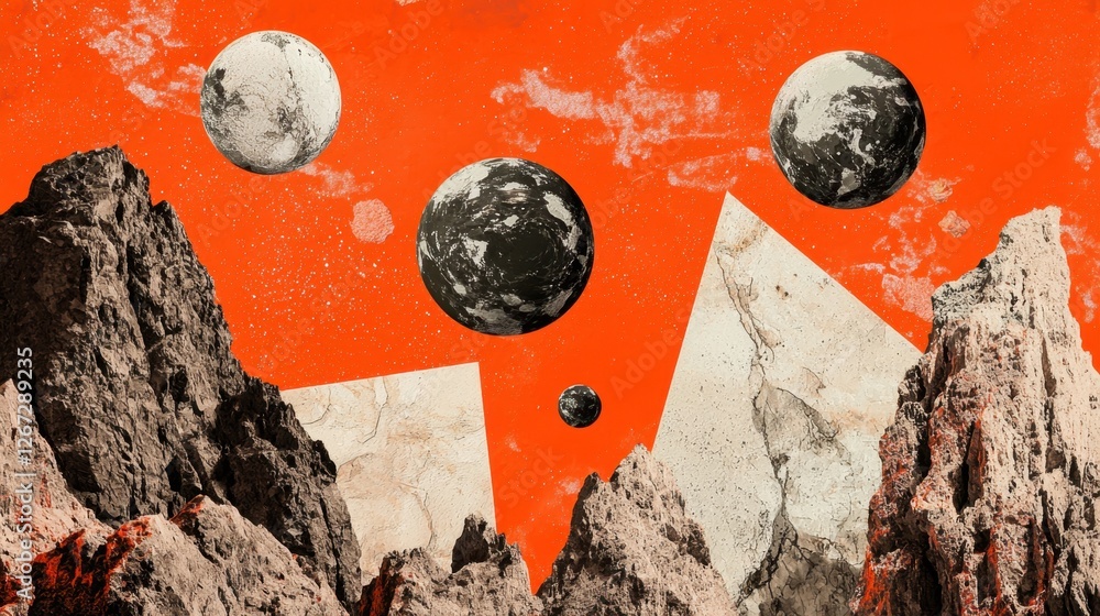 Poster a surreal cosmic landscape with floating asteroids and planetary fragments.