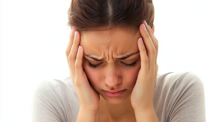 Young Woman with Headache Holding Her Head in Distress at Home